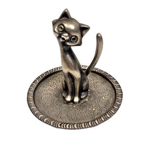 Vintage EP Zinc Alloy Silver Cat Ring Holder Jewelry Trinket Tray Padded Bottom